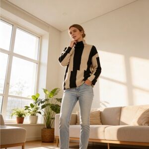 STYLEWE Knit Black and Cream Women's Turtleneck Sweater